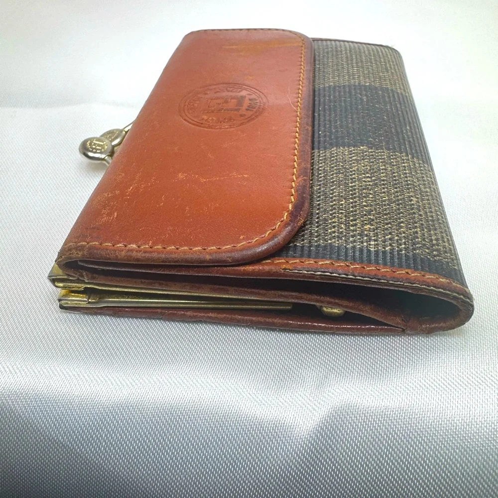 Fendi Wallet Pequin Stripe Trifold Cuoio Brown Leather Kiss Lock Rare Vintage - Picture 4 of 9